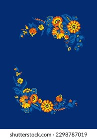 Traditional Ukrainian painting of Petrykivka. Elements of blue and yellow floral ornament. Decorative composition.