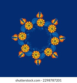 Traditional Ukrainian painting of Petrykivka. Elements of blue and yellow floral ornament. Decorative composition for the background. Repeating pattern.