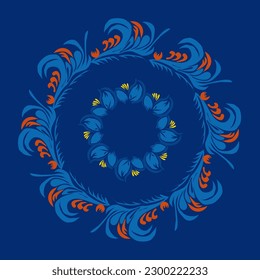 Traditional Ukrainian painting of Petrykivka. Elements of blue and yellow floral ornament. Decorative composition for the background. Repeating pattern.