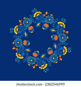 Traditional Ukrainian painting of Petrykivka. Elements of blue and yellow floral ornament. Decorative composition for the background. Repeating pattern. Wreath of flowers.