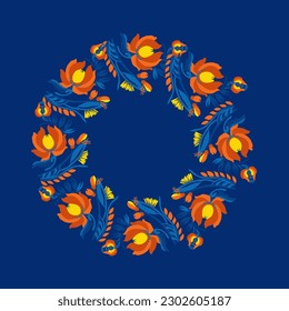 Traditional Ukrainian painting of Petrykivka. Elements of blue and yellow floral ornament. Decorative composition for the background. Repeating pattern. Wreath of flowers.