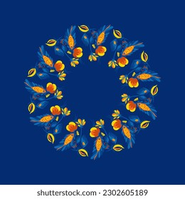 Traditional Ukrainian painting of Petrykivka. Elements of blue and yellow floral ornament. Decorative composition for the background. Repeating pattern. Wreath of flowers.