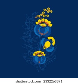 Traditional Ukrainian painting of Petrykivka. Elements of blue and yellow floral ornament. Decorative composition.