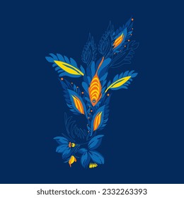 Traditional Ukrainian painting of Petrykivka. Elements of blue and yellow floral ornament. Decorative composition.