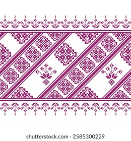 Traditional Ukrainian patterns with floral, geometric and pixel motifs, mostly in burgundy. Cross-stitch patterns and knitted sweaters are often used for textile decoration. The background is white.