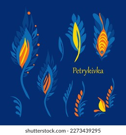 Traditional Ukrainian Petrykivka painting. Elements of plant ornament in blue and yellow colors.