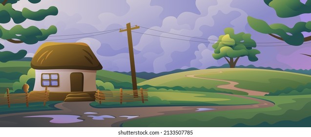 Traditional Ukrainian rural house in summer rainy weather.