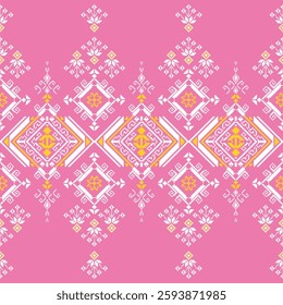 Traditional Ukrainian seamless cross-stitch pattern with geometric patterns. White, yellow, pink background. Floral pattern. Pixelated vector illustration. Textile print design. Sweater sewing concept