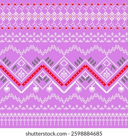 Traditional Ukrainian seamless cross-stitch pattern with white, yellow, red floral geometric patterns on pastel purple background. Pixelated vector illustration. Textile print design. Sweater sewing.