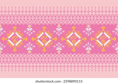 Traditional Ukrainian seamless cross-stitch pattern with geometric patterns. white, yellow, pink background, floral patterns. Pixelated vector illustration. Textile print design.Sweater sewing concept