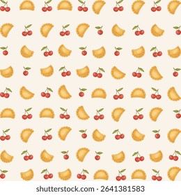 Traditional Ukrainian seamless pattern with watercolor-style cherry dumplings and red berries on light background. Hand-drawn food design perfect for kitchen decor, fabric, wrapping paper