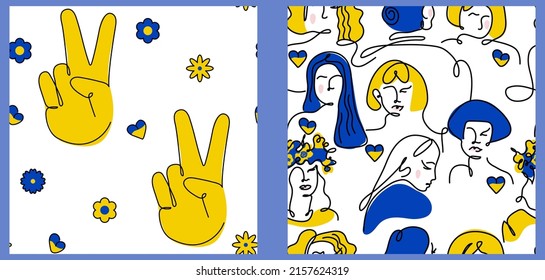 Traditional Ukrainian seamless pattern, with woman and peace sign. Vector illustration global politics, NO WAR, aggression problem picture in one line hand drawn art style.