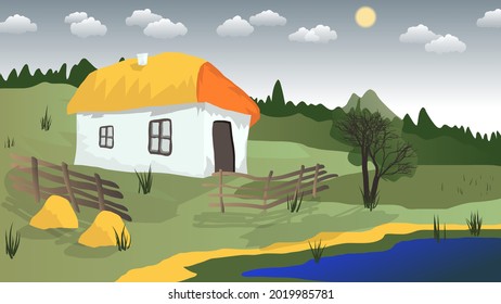 traditional Ukrainian village house with a thatched roof, a yard, a fence against the background of a forest, grassy fields and hills, a sky with the sun, clouds, silhouettes of flying birds. vector