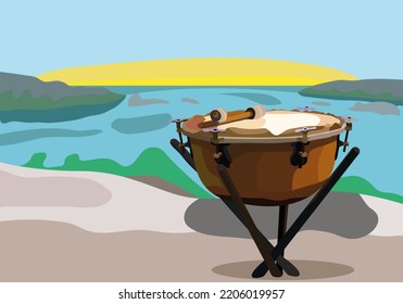 The traditional Ukrainian war drum stands against the backdrop of nature. Tulumbas overlooking the island of Khortitsa in the city of Zaporozhye