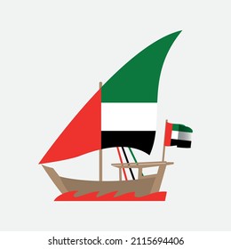 Traditional United Arab Emirates dhow ship with sailer national flag vector illustration