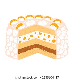 Traditional Uruguayan cake chaja in cartoon flat style. Hand drawn vector illustration of sponge cake with peaches and caramel, folk cuisine, Latin America sweet