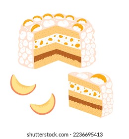 Traditional Uruguayan cake chaja in cartoon flat style. Hand drawn vector illustration of sponge cake with peaches and caramel, folk cuisine, Latin America sweet