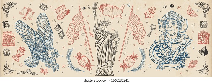 Traditional USA tattooing elements. United States of America. Patriotic art. Statue of liberty, eagle, flag, map. History and culture. Old school tattoo vector collection