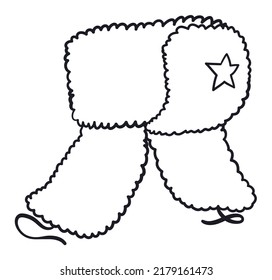 Traditional ushanka hat, decorated with a star and ropes in the earmuffs. Colorless design in outlines for coloring activities.
