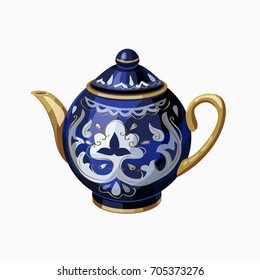 Traditional Uzbek Teapot, Blue porcelain. Uzbekistan symbol. Vector tea pot with islamic pattern. Tea time design element.