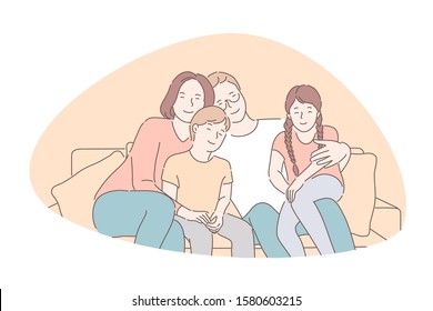 Traditional values, bonding, family idyll concept. Parents spend time together with children, smiling mother, father, daughter and son sitting on sofa and hugging. Simple flat vector