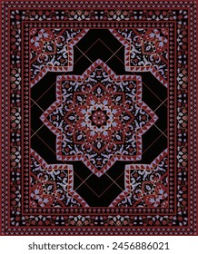 Traditional vector carpet design with mandala. Vintage pattern with frame. Ornamental template for textile, rug, tapestry.