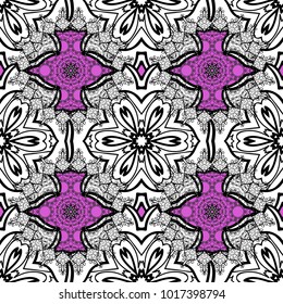 Traditional vector and colorful pattern. Classic oriental background with white doodles. Damask seamless ornament.
