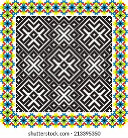 Traditional vector folk knitted yellow, black and blue embroidery pattern from Ukraine and Russia