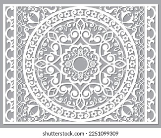 Traditional vector frame or border design, with mandala, Moroccan carved wall panels art, vector arabic pattern with flowers, leaves and swirls
