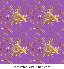 Traditional vector and golden pattern. Classic oriental pattern over violet, brown and yellow colors. Damask seamless ornament.