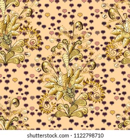 Traditional vector and golden pattern. Classic oriental pattern over beige, brown and yellow colors. Damask seamless ornament.