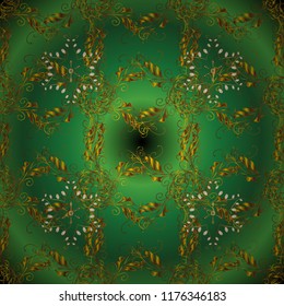 Traditional vector and golden pattern. Classic oriental pattern over green, brown and yellow colors. Damask seamless ornament.