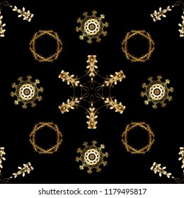 Traditional vector and golden pattern. Classic oriental pattern over black, brown and beige colors. Damask seamless ornament.