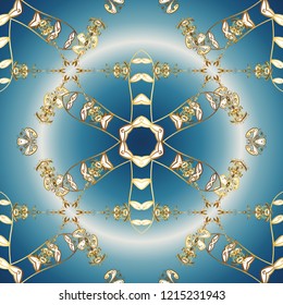 Traditional vector and golden pattern. Classic oriental pattern over blue, neutral and gray colors. Damask ornamental ornament.