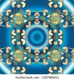 Traditional vector and golden pattern. Classic oriental pattern over blue and brown colors. Damask seamless ornament.
