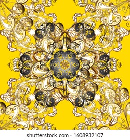 Traditional vector and golden pattern. Classic oriental pattern over yellow and brown colors. Damask seamless ornament.