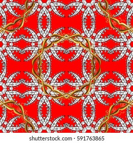 Traditional vector and golden pattern. Classic oriental background with white doodles. Damask seamless ornament.