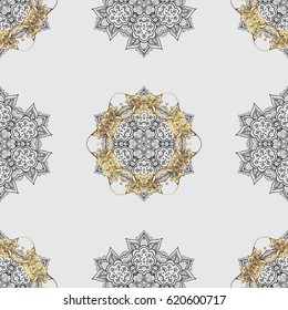 Traditional vector and golden pattern. Classic oriental background with white doodles. Damask seamless ornament.