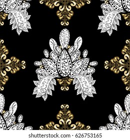 Traditional vector and golden pattern. Classic oriental background with white doodles. Damask seamless ornament.