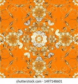 Traditional vector and golden pattern. Damask seamless ornament. Classic oriental pattern over brown, beige and orange colors.
