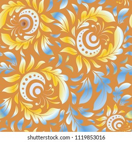 Traditional vector gothic damask background. Blue and orange seamless background flower ornament pattern. Abstract arabesque background for greeting card, presentation or wedding invitations.
