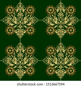 Traditional vector gothic damask background. Abstract arabesque background for greeting card, presentation or wedding invitations. Green and golden seamless background flower ornament pattern.