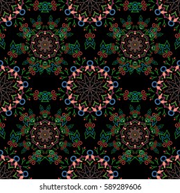 Traditional vector gothic damask background. Green and orange seamless background flower ornament pattern. Abstract arabesque background for greeting card, presentation or wedding invitations.