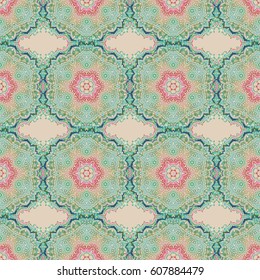 Traditional vector gothic damask background. Beige and green seamless background flower ornament pattern. Abstract arabesque background for greeting card, presentation or wedding invitations.