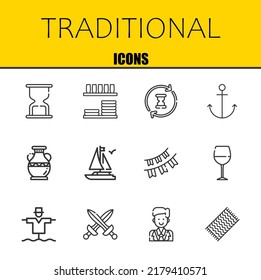 conjunto de iconos de línea vectorial tradicional. hornillos, vajilla y hornillos de vidrio. Diseño delgado de línea. Elementos gráficos de contorno modernos, símbolos de trazo simple ilustración de fondo