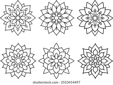 Traditional Vector Mandala Art Bundle on White Background, Luxury Black and White Mandala Line Art, Graphic Design Set of Floral Coloring Page Doodle Drawing Mandala Collection