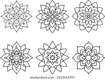 Traditional Vector Mandala Art Bundle on White Background, Luxury Black and White Mandala Line Art, Graphic Design Set of Floral Coloring Page Doodle Drawing Mandala Collection