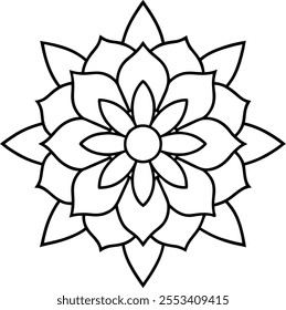 Traditional Vector Mandala Art on White Background, Luxury Black and White Mandala Line Art, Graphic Design Floral Coloring Page Doodle Drawing