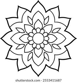 Traditional Vector Mandala Art on White Background, Luxury Black and White Mandala Line Art, Graphic Design Floral Coloring Page Doodle Drawing