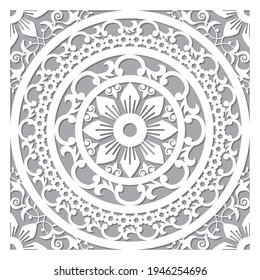Traditional vector mandala design - Moroccan carved wall panels art, vector arabic pattern with flowers, leaves and swirls. 
Marrakesh boho decoration in white on gray, traditional art from Morocco